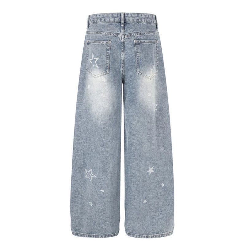 Damen Weite Distressed Palazzo-Jeans mit Stern-Stickerei Nord Taschen