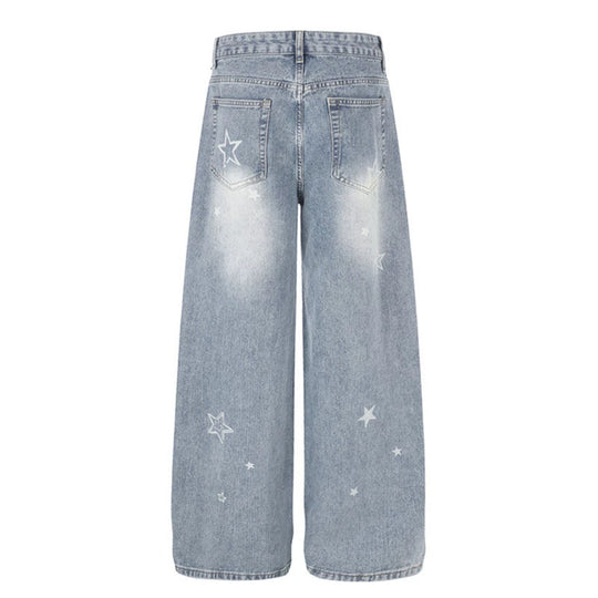 Damen Weite Distressed Palazzo-Jeans mit Stern-Stickerei Nord Taschen