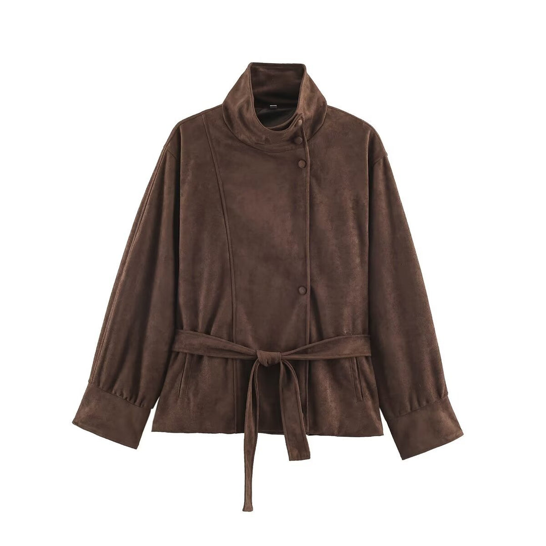 Damen Boxy-Wickeljacke in Veloursoptik mit hohem Stehkragen und Bindegürtel Nord Taschen