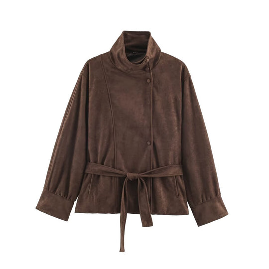 Damen Boxy-Wickeljacke in Veloursoptik mit hohem Stehkragen und Bindegürtel Nord Taschen