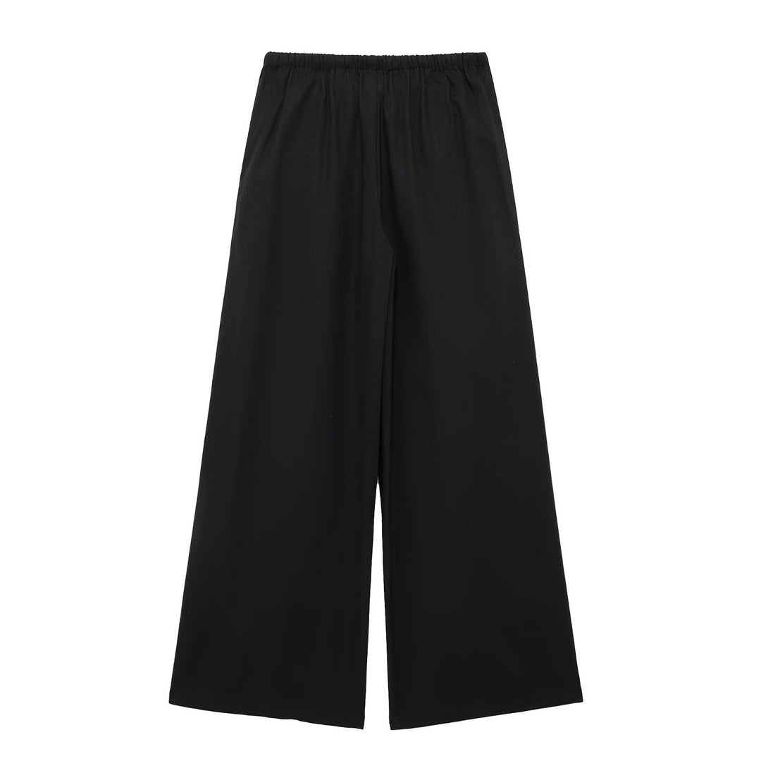 Damen 500+ weite Leinenoptik-Hose mit elastischem Tunnelzug, Kordel und Palazzo-Schnitt Nord Taschen