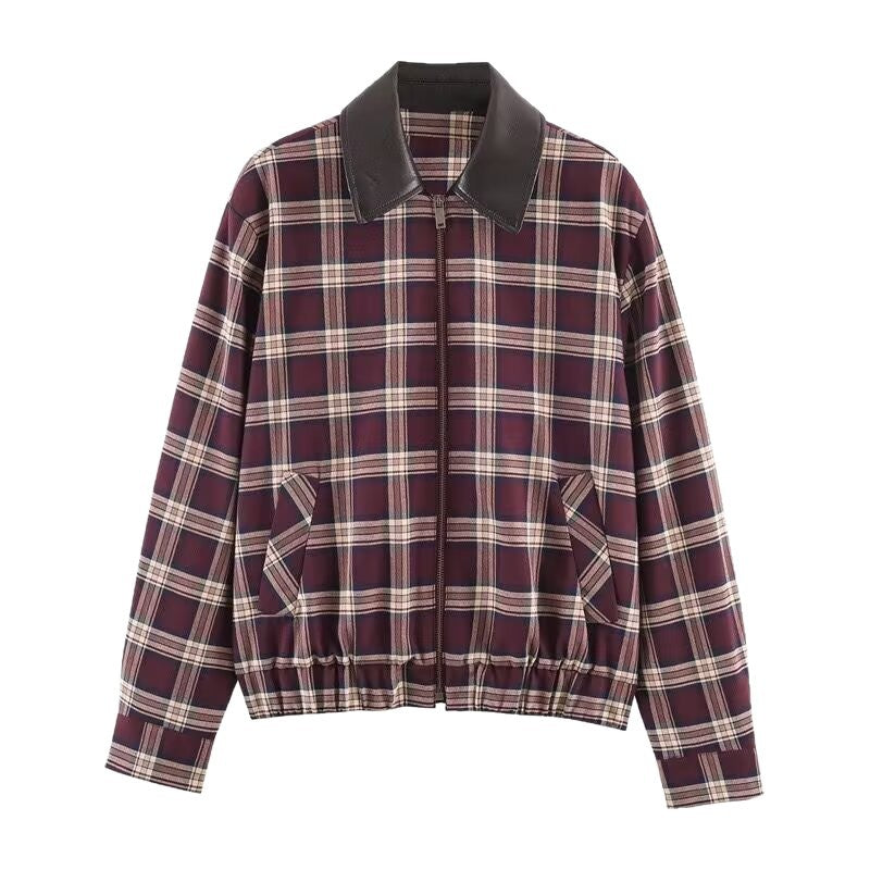 Damen Karierte Blousonjacke mit kontrastierendem Lederkragen und elastischem Saum Nord Taschen