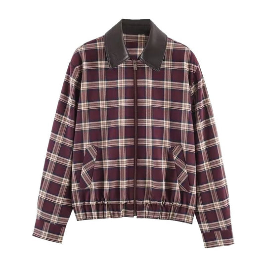Damen Karierte Blousonjacke mit kontrastierendem Lederkragen und elastischem Saum Nord Taschen