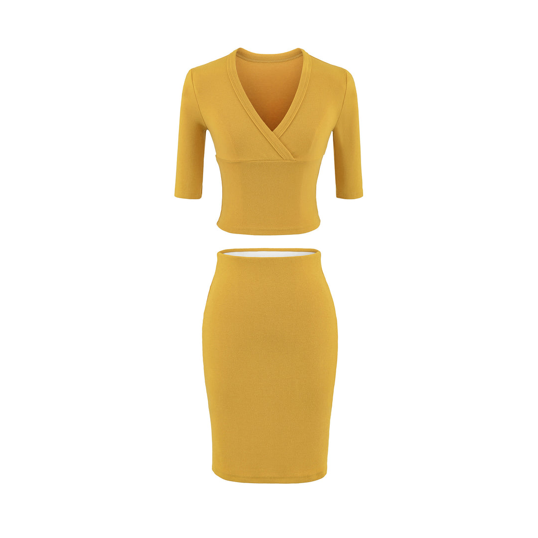 Damen Zweiteiliges figurbetontes Wickel-Top mit Dreiviertelärmeln und Highwaist-Bleistiftrock Nord Taschen