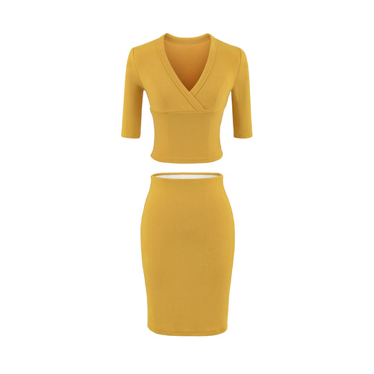 Damen Zweiteiliges figurbetontes Wickel-Top mit Dreiviertelärmeln und Highwaist-Bleistiftrock Nord Taschen
