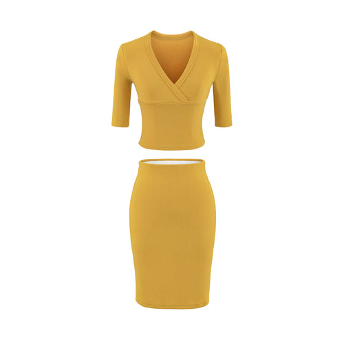 Damen Zweiteiliges figurbetontes Wickel-Top mit Dreiviertelärmeln und Highwaist-Bleistiftrock Nord Taschen