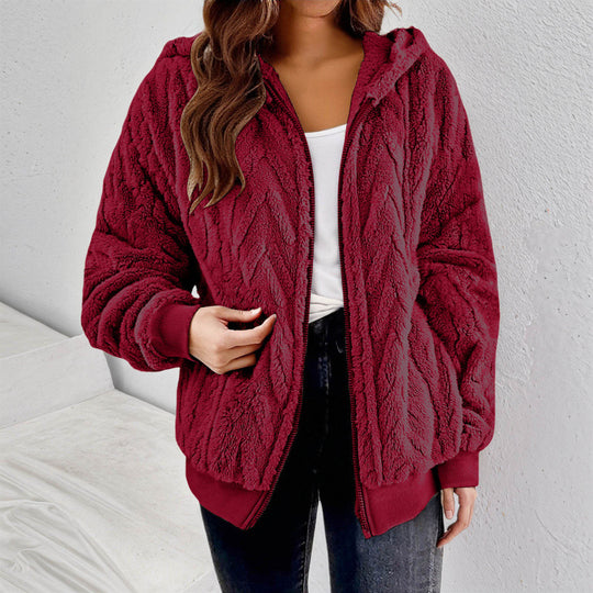 Damen Kapuzen-Teddyjacke mit Reißverschluss, weichem Plüsch und elastischem Bündchen Nord Taschen