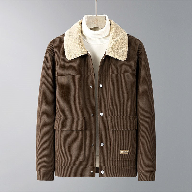 Herren Cordjacke mit Teddyfutter, Hemdkragen & Druckknopffront Nord Taschen