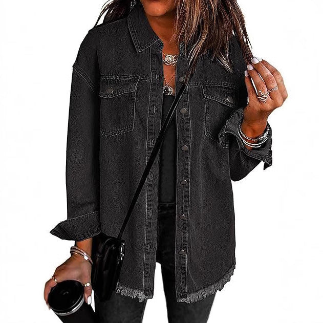 Damen Oversize Jeanshemdjacke mit Fransensaum Nord Taschen