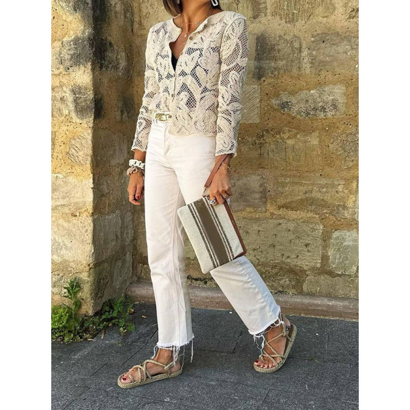 Damen Häkel-Cardigan mit Blumen‑Ajourmuster, Knopfleiste & gewelltem Saum Nord Taschen