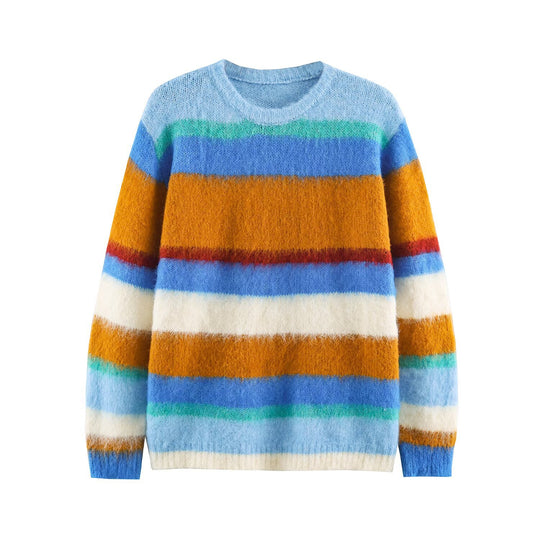 Damen Oversize Mohair‑Look Streifenpullover mit Rundhalsausschnitt Nord Taschen
