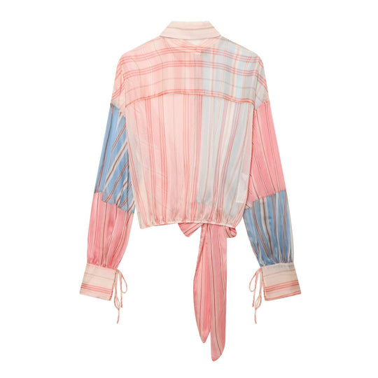 Damen Gestreifte Wickelbluse mit Knotenfront, Ballonärmeln und Hemdkragen Nord Taschen