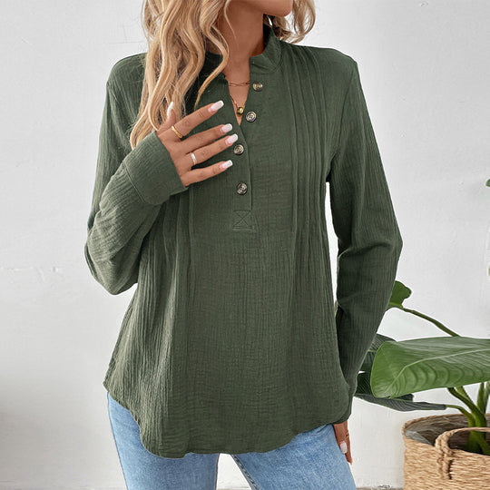 Damen Leichtes Crinkle-Henley-Blusenshirt mit Stehkragen, langen Ärmeln und entspannter Passform Nord Taschen