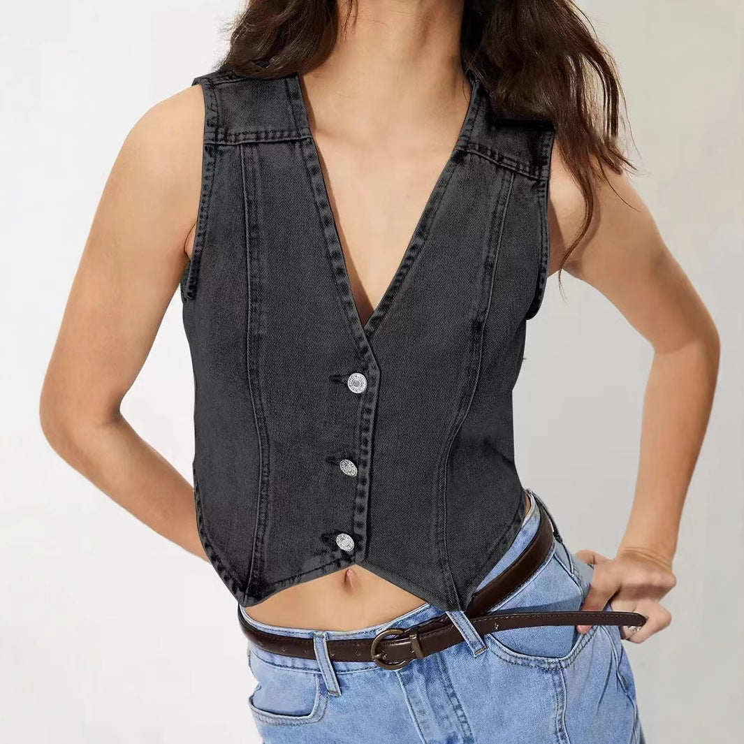 Damen taillierte ärmellose Jeansweste mit V-Ausschnitt Nord Taschen