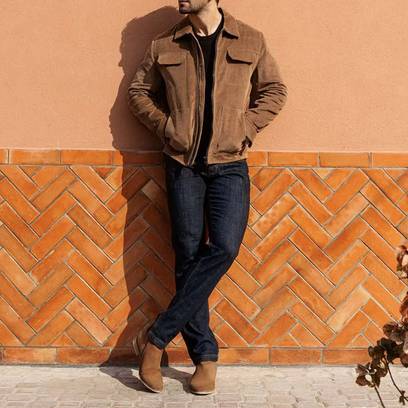 Herren Kurzjacke aus Feincord mit Hemdkragen, Reißverschluss und Pattentaschen Nord Taschen