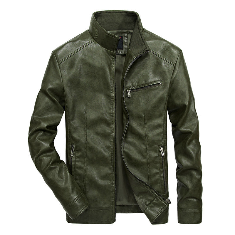 Herren Slim-Fit Kunstleder-Motojacke mit Stehkragen, Reißverschluss-Taschen und verstärkter Nahtführung Nord Taschen