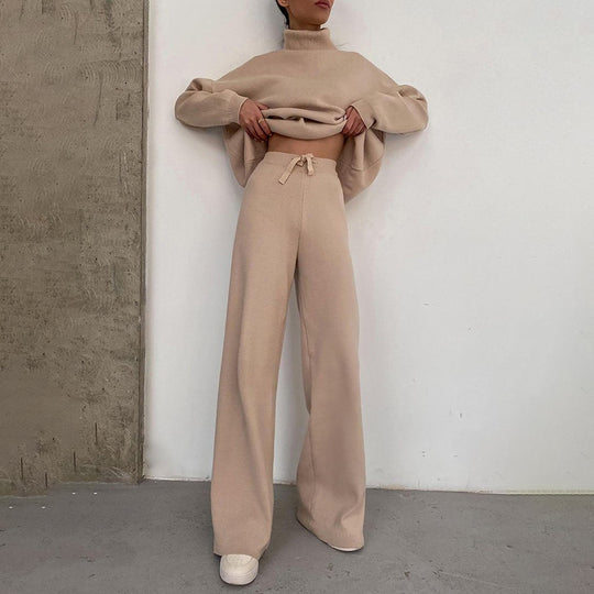 Damen Weite Strickhose mit hoher Taille, Tunnelzug und weitem Bein Nord Taschen