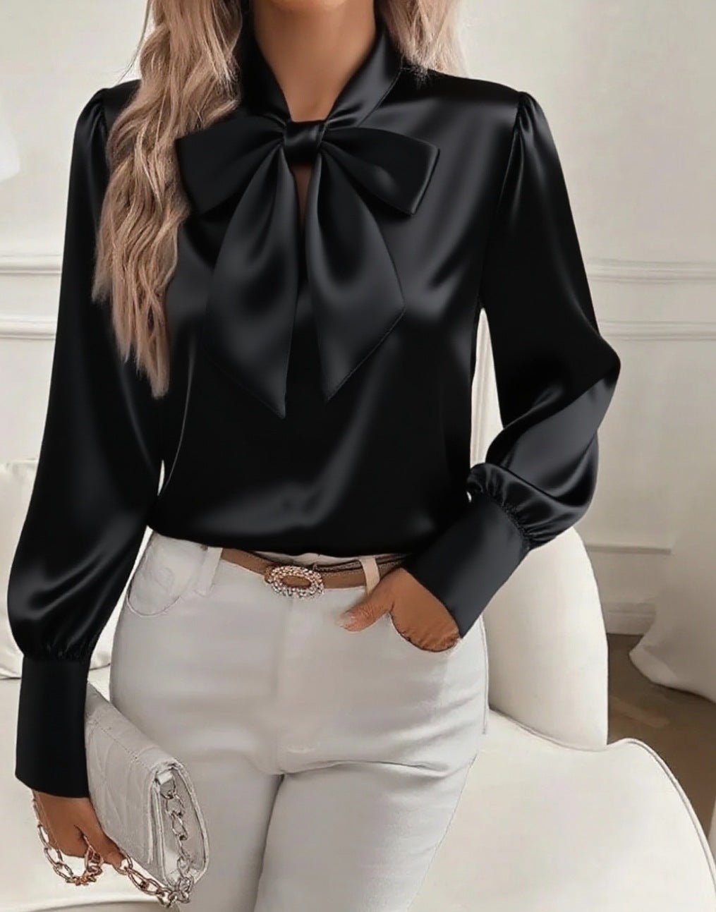Damen elegante Satinbluse mit Schleifenkragen und Puffärmeln Nord Taschen