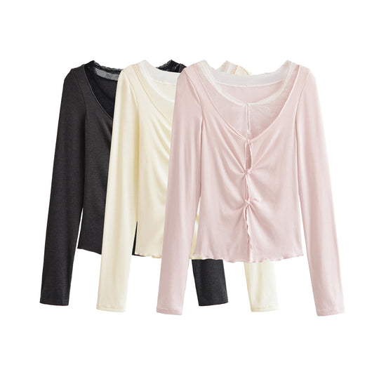 Damen Langarm-Feinjersey-Top mit Spitzen-Einsatz, Knotenfront und Raffung Nord Taschen