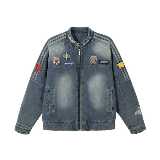 Herren Jeans‑Bomberjacke mit Vintage-Wash, Aufnäherdetail und Stehkragen Nord Taschen