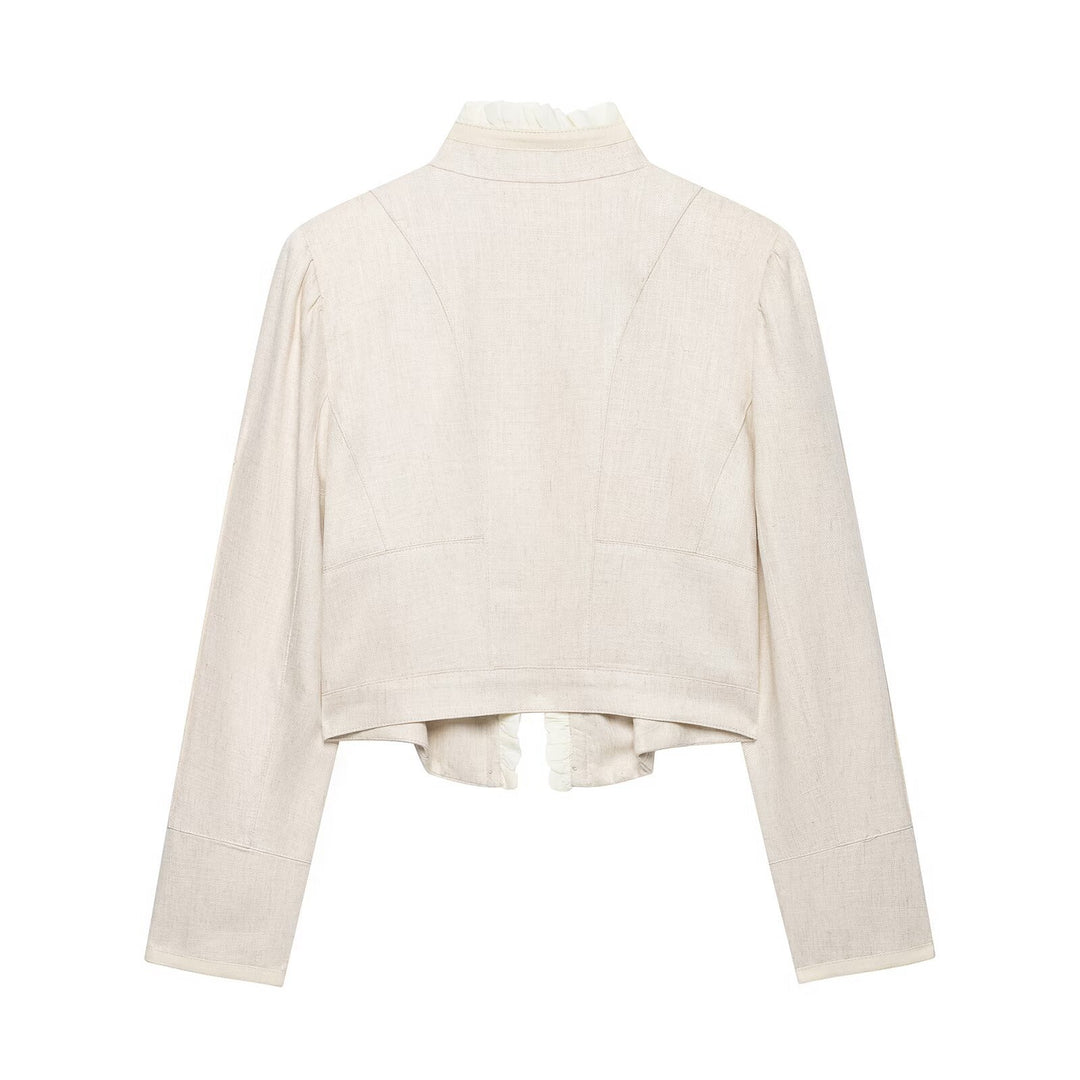 Damen Cropped-Jacke aus Leinenmix mit Stehkragen, Zierknopfleiste und Rüschendetail Nord Taschen