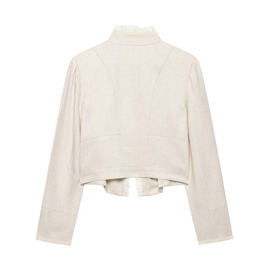Damen Cropped-Jacke aus Leinenmix mit Stehkragen, Zierknopfleiste und Rüschendetail Nord Taschen