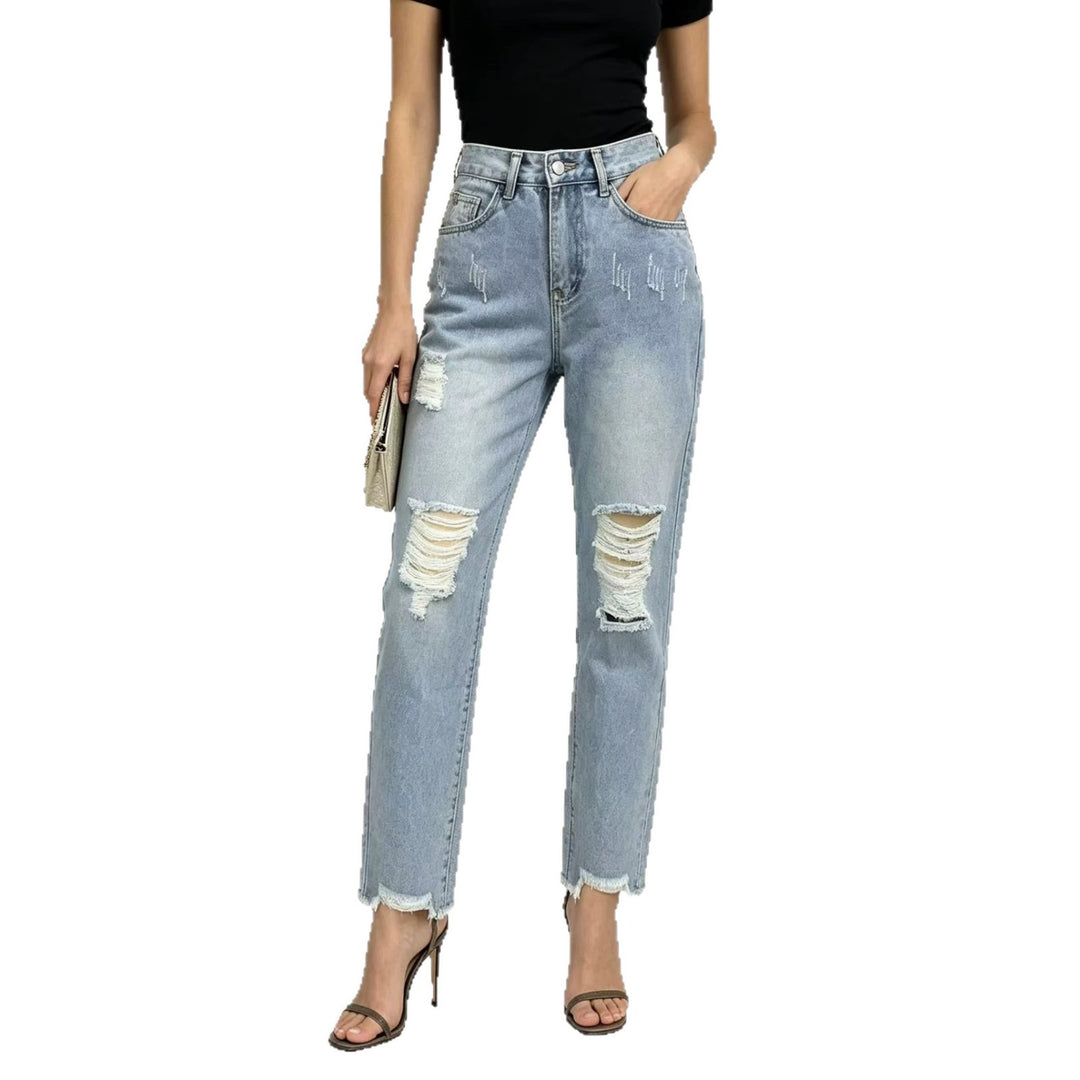 Damen hochgeschnittene Straight Leg Jeans mit gezielten Rissdetails und rohem Knöchelabschluss Nord Taschen