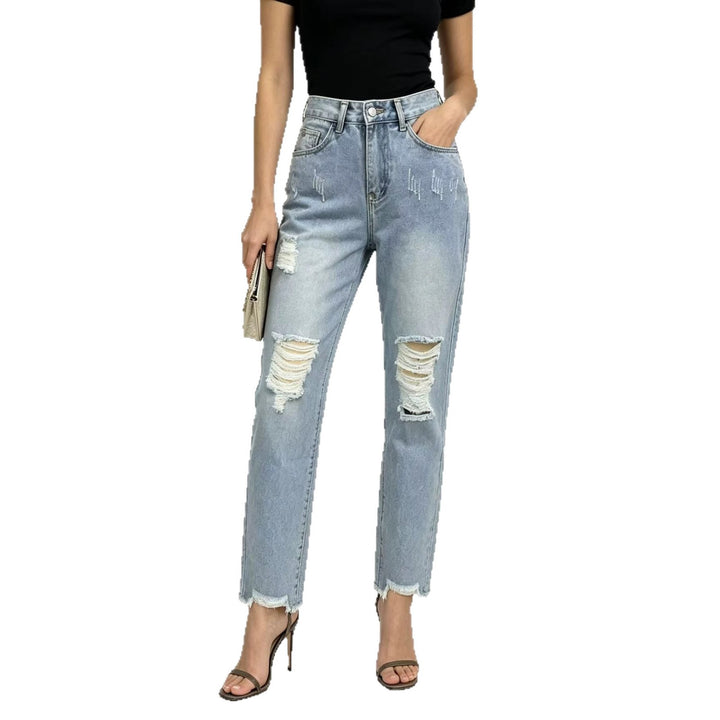 Damen hochgeschnittene Straight Leg Jeans mit gezielten Rissdetails und rohem Knöchelabschluss Nord Taschen