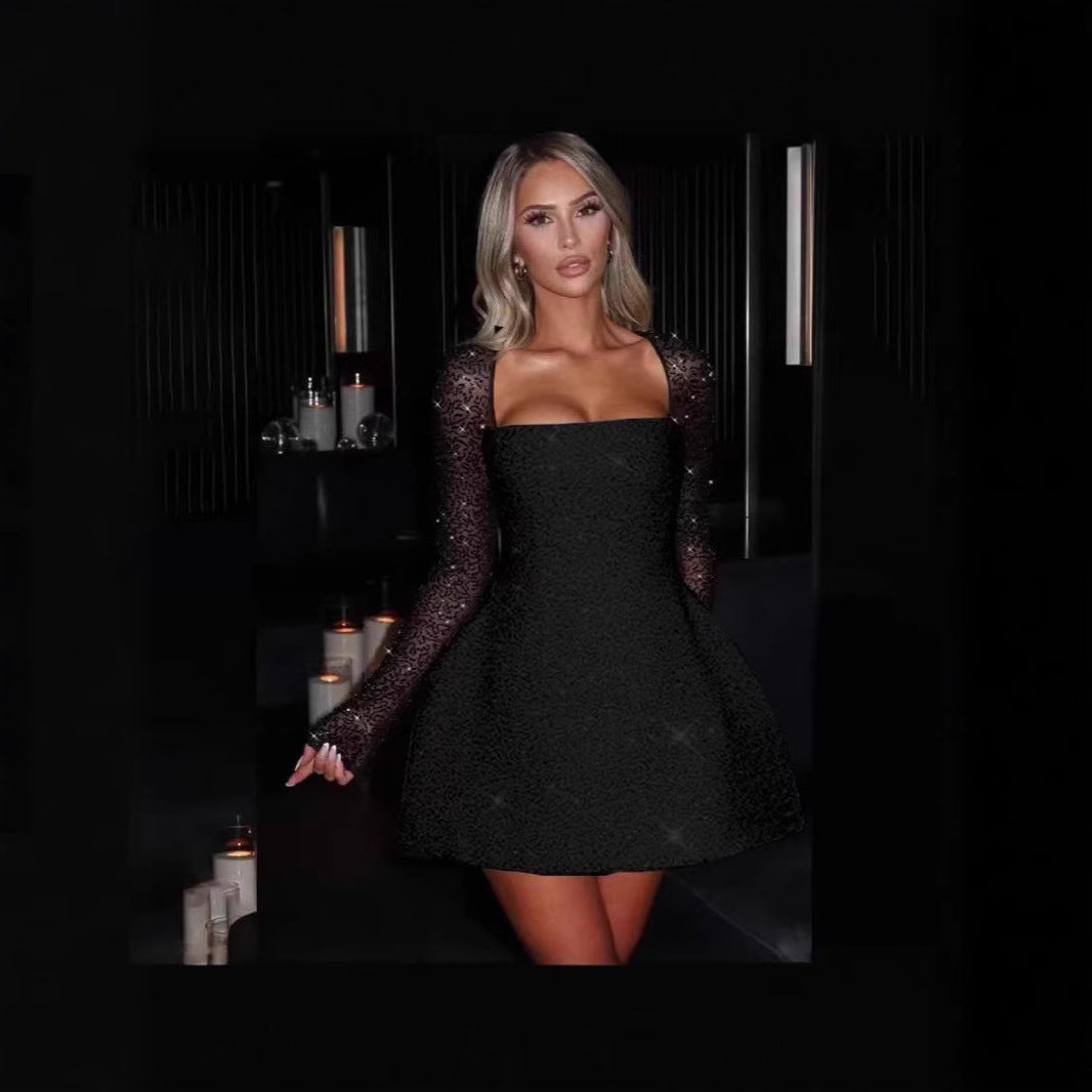 Damen Glamouröses Minikleid mit transparenten Spitzenärmel und figurbetontem Schnitt