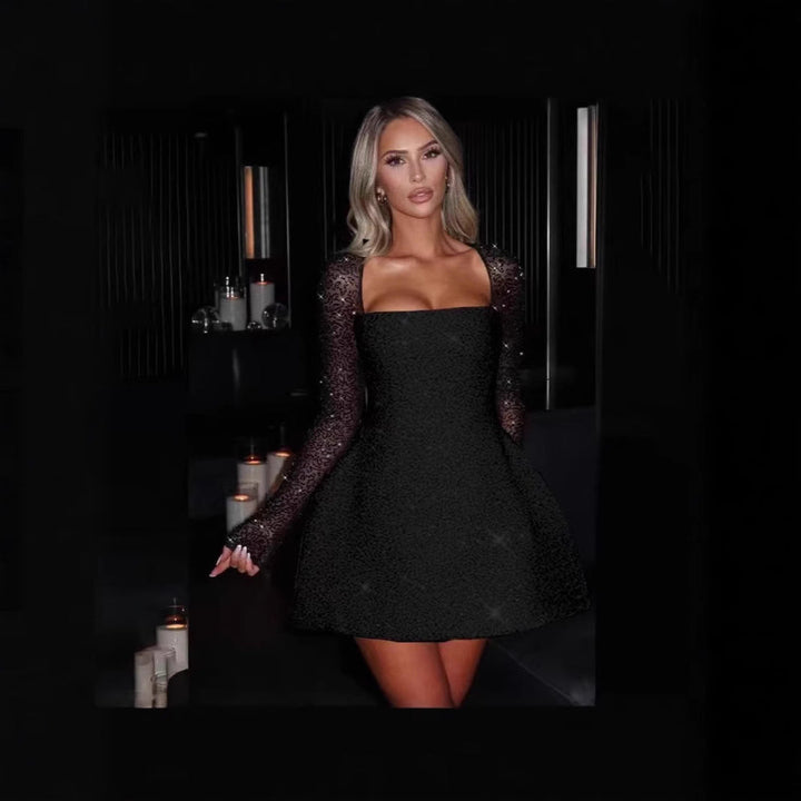 Damen Glamouröses Minikleid mit transparenten Spitzenärmel und figurbetontem Schnitt