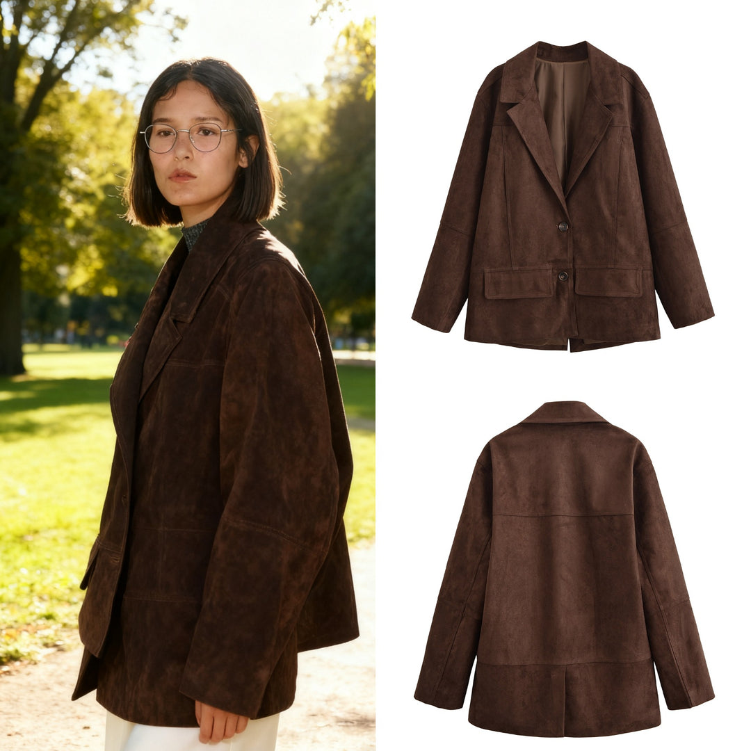 Damen Oversize Wildlederoptik-Blazerjacke mit Reverskragen und Pattentaschen Nord Taschen