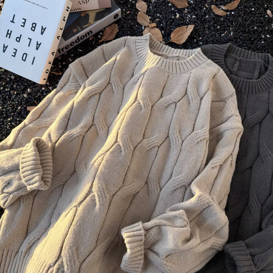 Damen Grobgestrickter Oversize-Zopfmuster-Strickpullover mit verkürztem Saum Nord Taschen