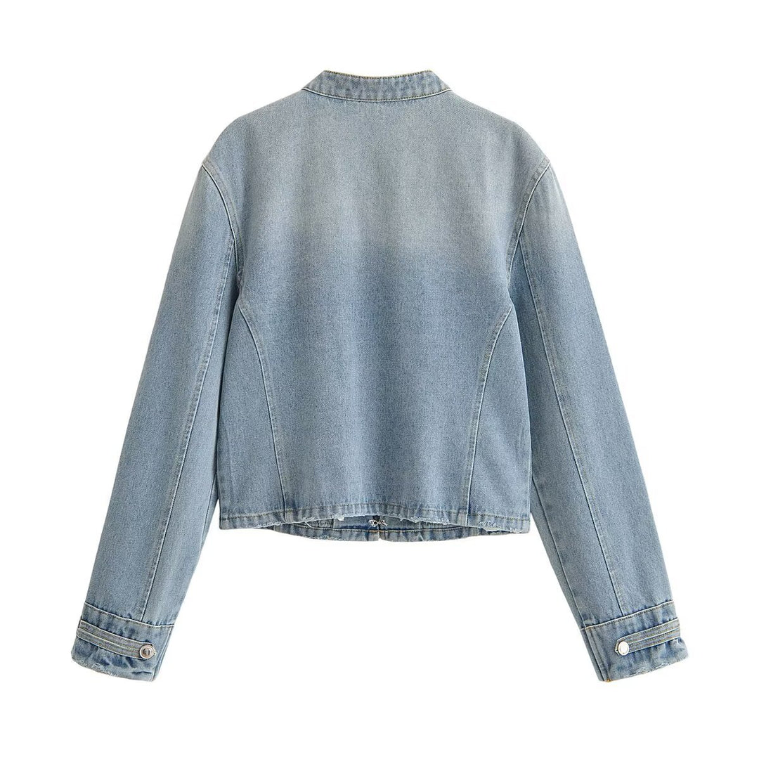 Damen Kurze taillierte Jeansjacke im Militärlook mit doppelten Zierknopfreihen Nord Taschen