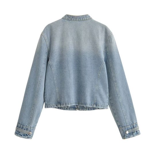 Damen Kurze taillierte Jeansjacke im Militärlook mit doppelten Zierknopfreihen Nord Taschen