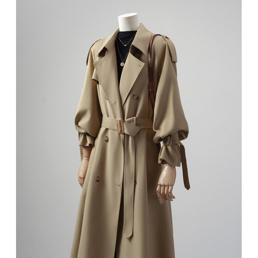 Damen Trenchcoat mit Ballonärmeln, doppelreihiger Schnitt und Taillengürtel Nord Taschen