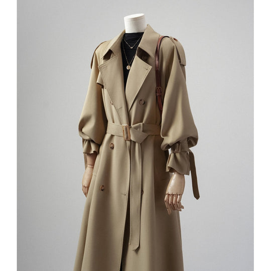 Damen Trenchcoat mit Ballonärmeln, doppelreihiger Schnitt und Taillengürtel Nord Taschen