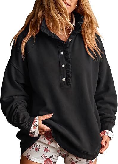 Damen Oversize-Sweatshirt mit Rüschenkragen und Druckknopfleiste Nord Taschen