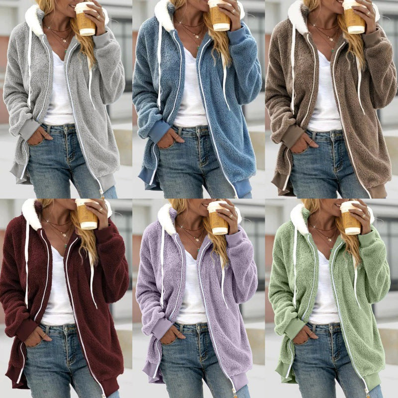 Damen Oversized Sherpa-Zipjacke mit Kontrastkragen, Rippbündchen und Kordelzug Nord Taschen