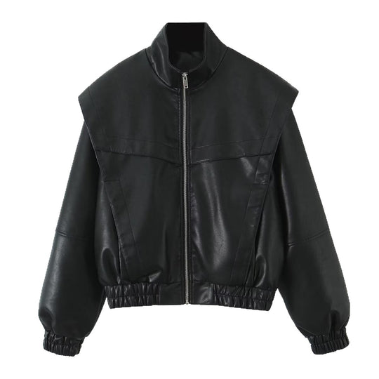 Damen Cropped Jacke im futuristischen Biker-Look aus veganer Lederoptik mit hohem Stehkragen und elastischem Saum Nord Taschen
