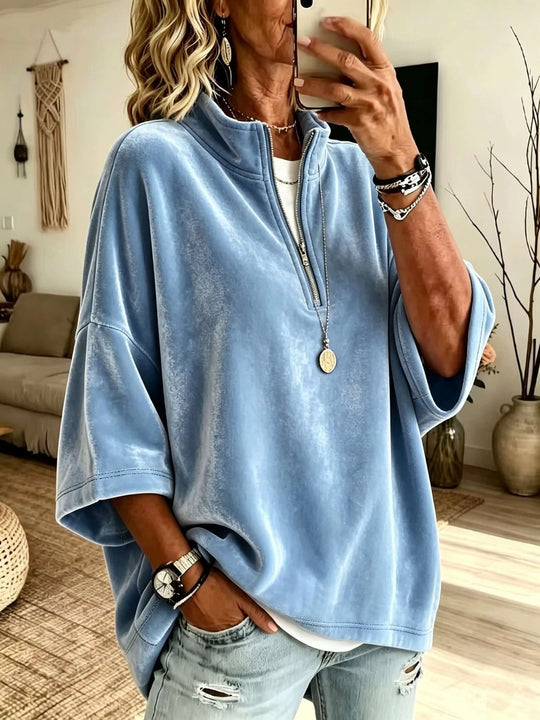 Damen Oversize Samt-Pullover mit kurzem Reißverschluss und Stehkragen Nord Taschen