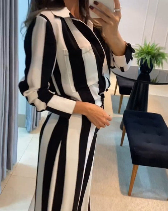 Damen Eleganter Jumpsuit mit auffälligem Streifenmuster und praktischen Taschen