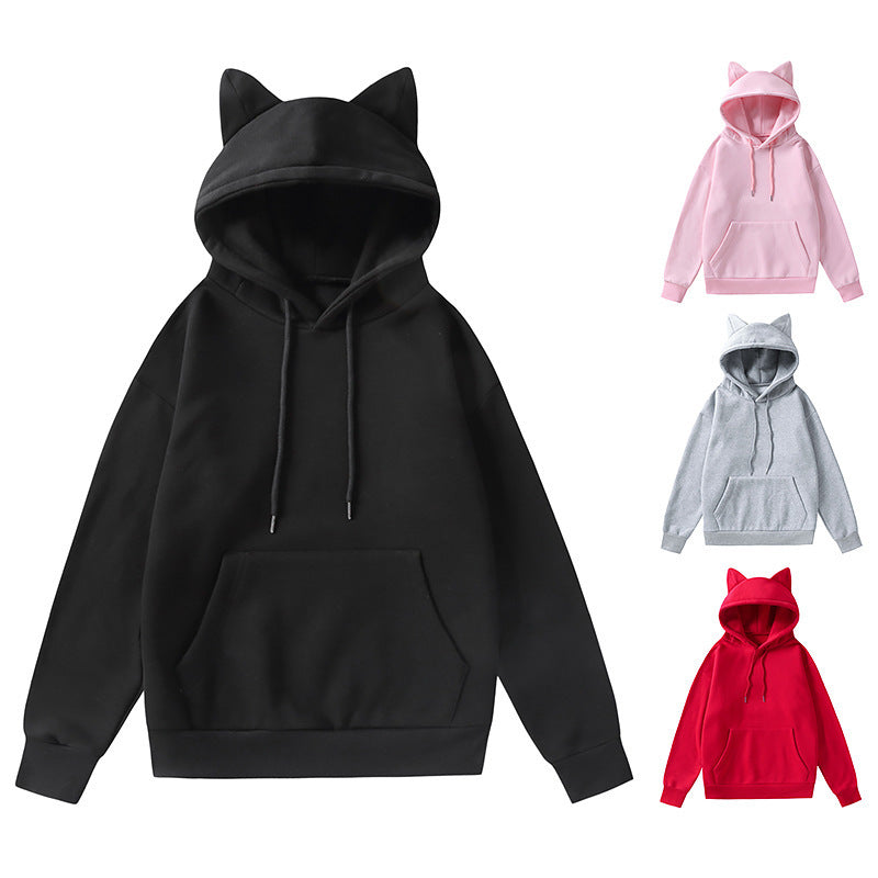 Damen Kapuzenpullover mit Katzenohren oversized Sweatshirt mit Kängurutasche und Kordelzug Nord Taschen