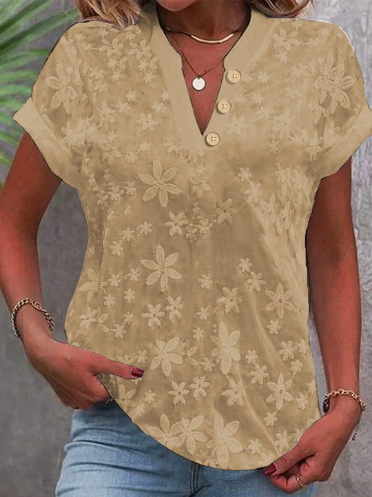 Damen Bluse mit floralem Stickmuster und klassischem V-Ausschnitt