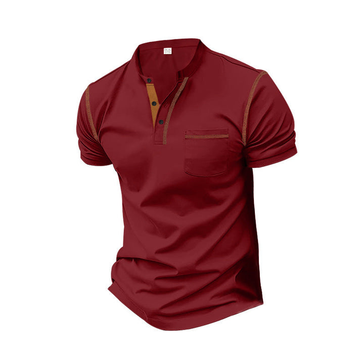 Herren nan Kurzarm-Polo im Henleystil mit Stehkragen, Brusttasche und Kontrastnaht