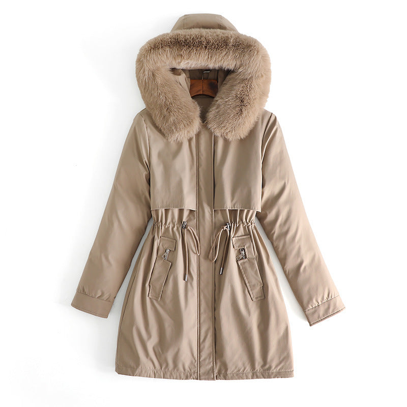Damen nan mittellanger wasserabweisender Parka mit voluminösem Kunstfellkragen, Taillenzug und multifunktionalen Pattentaschen Nord Taschen
