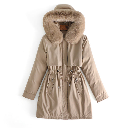Damen nan mittellanger wasserabweisender Parka mit voluminösem Kunstfellkragen, Taillenzug und multifunktionalen Pattentaschen Nord Taschen