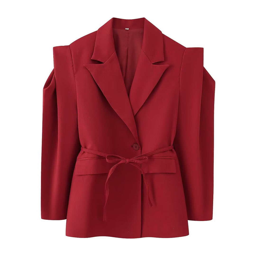 Damen Blazer mit Cut-Out‑Schultern, Taillengürtel und Pattentaschen Nord Taschen