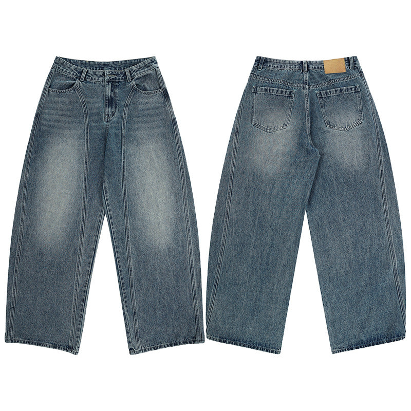Damen Ultraweite hochgeschnittene Jeans-Palazzohose aus Vintage-Jeansstoff mit tiefem Schritt und skulpturaler Nahtführung Nord Taschen