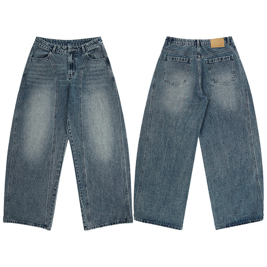 Damen Ultraweite hochgeschnittene Jeans-Palazzohose aus Vintage-Jeansstoff mit tiefem Schritt und skulpturaler Nahtführung Nord Taschen