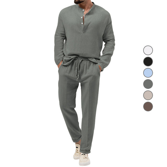 Herren Lässiges Zweiteiliges Lounge-Set aus Baumwoll-Gauze mit Henley-Oberteil und Tunnelzug-Hose Nord Taschen